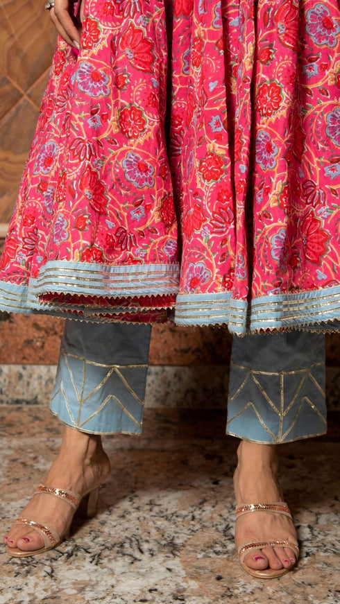 Pomcha Jaipur Adhya Floral Hand Block Pure Cotton Anarkali Set